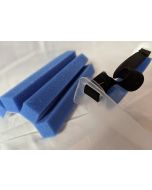 1 inch thick blue open cell urethane polyether foam with single coated adhesive. 1 inch wide x 9 inch strip.